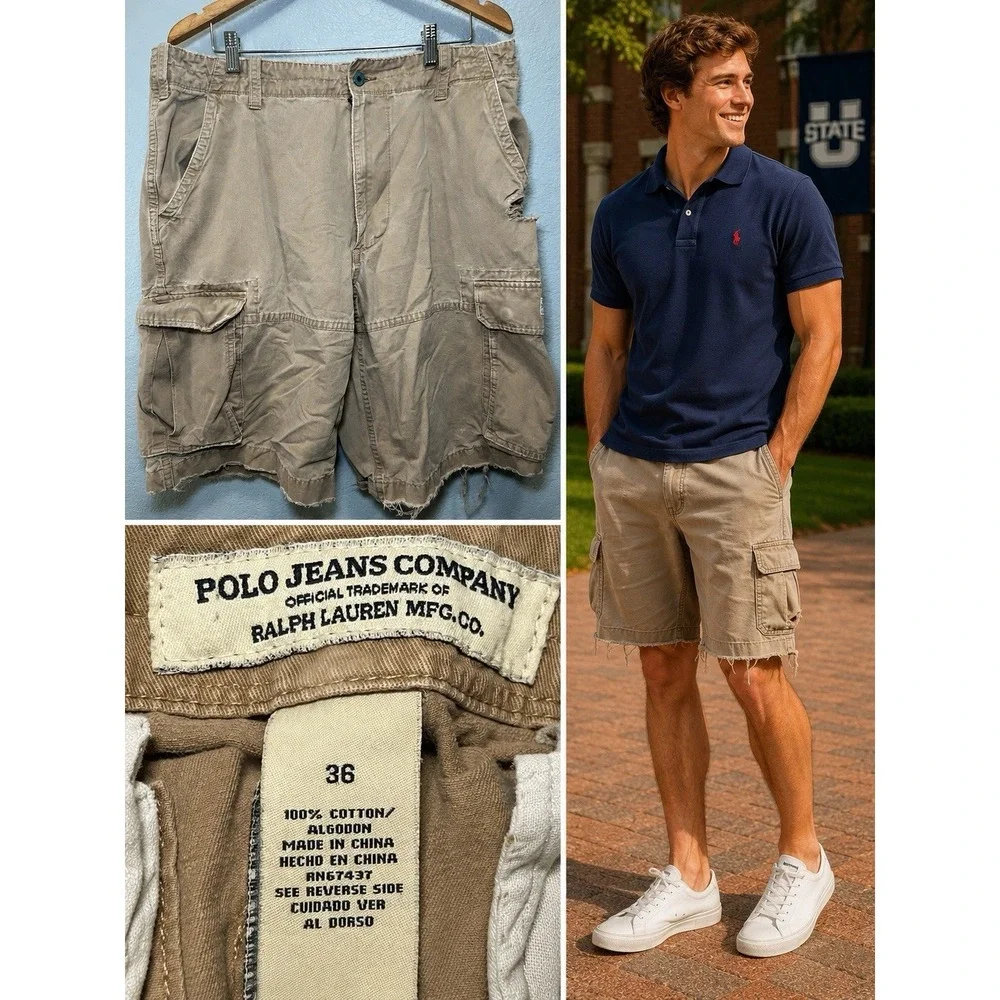 Polo Jeans Co. Ralph Lauren Cargo Shorts Mens 36 Khaki VTG Y2K Jet Lag Hole Prep